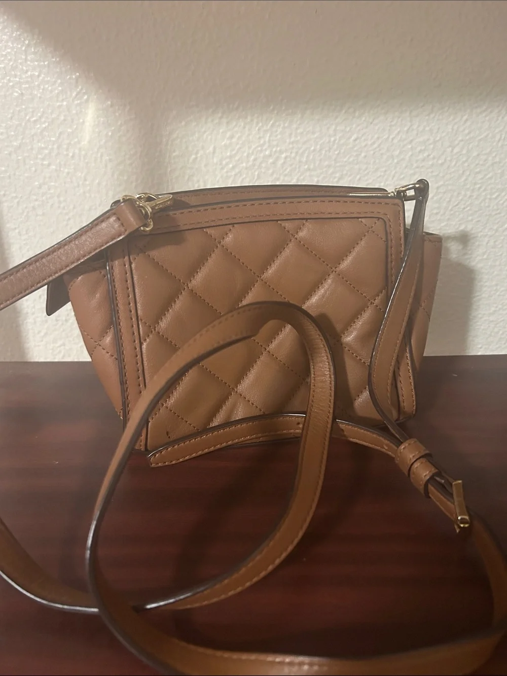 Michael Kors Quilted Leather Crossbody in Tan with Gold Hardware